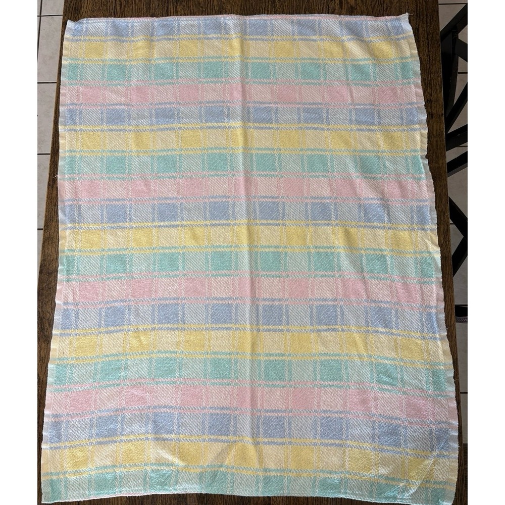Vintage 100% Cotton Baby Blanket Blue Yellow Pink Green USA 47x37